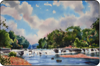 watercolor river waterfall clouds
